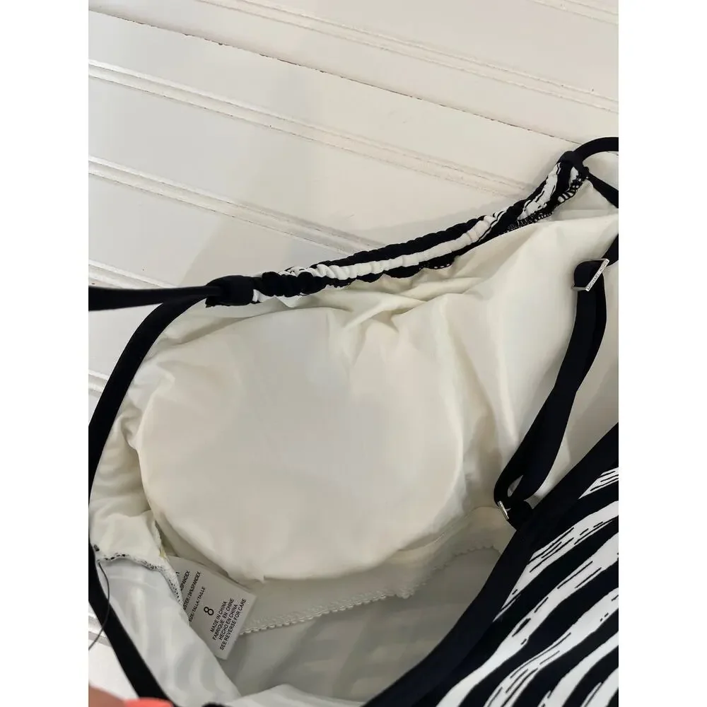 NWOT Michael Kors One Piece Bathing Suit Black & White Stripe Drawstring Side S